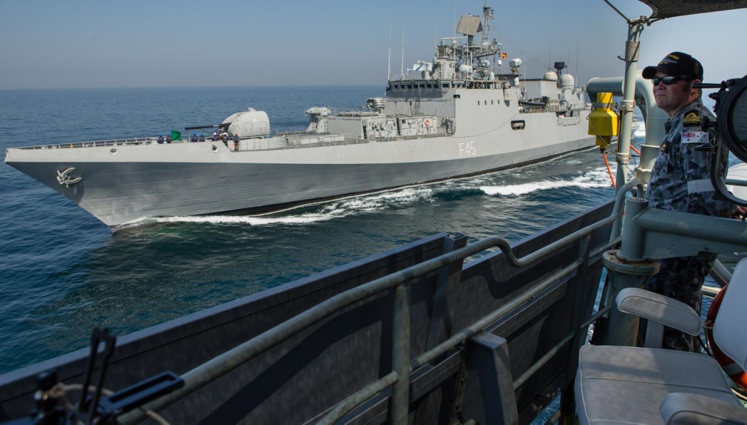 HMAS Arunta alongside INS Teg off the coast of Goa, India, 2016. (Image courtesy of Defence)