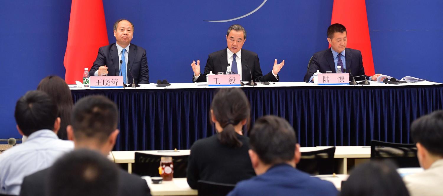 Wang Xiaotao and Wang Yi attend a press conference during The Belt and Road Forum in Beijing, April 2017. (Photo: VCG/Getty)